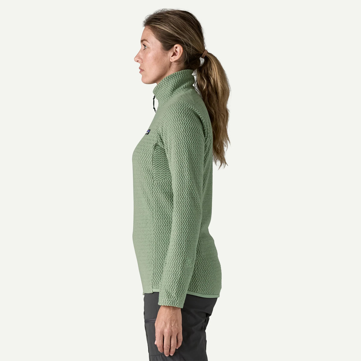 Patagonia R1® Air Fleece Zip-Neck Women's in ellwood green, on model, side