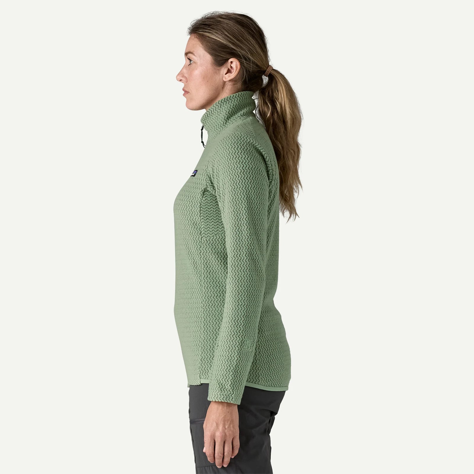 Patagonia R1® Air Fleece Zip-Neck Women's in ellwood green, on model, side