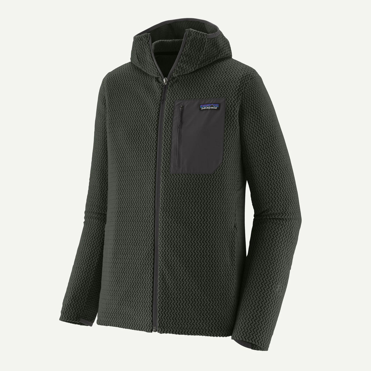Dark green hooded jacket with a brand logo on a white background