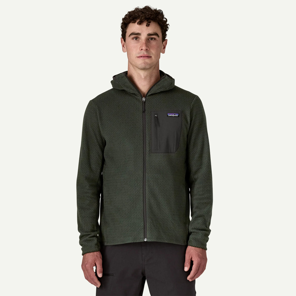 Patagonia R1® Air Fleece Full-Zip Hoody Men's, old growth green, on model, front