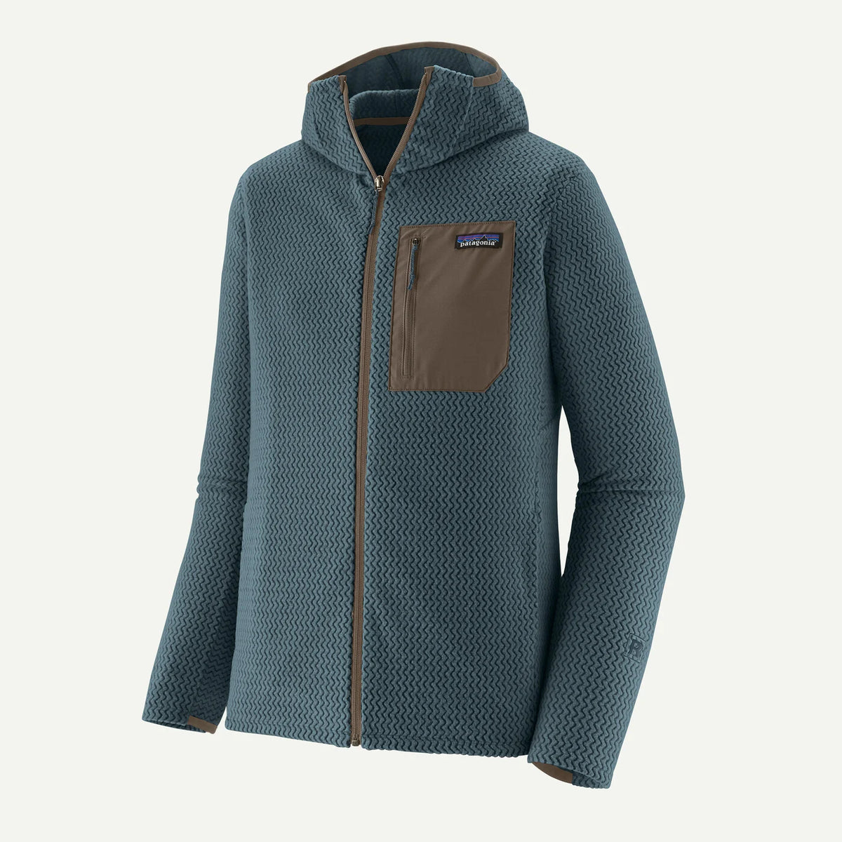 Blue hooded jacket with brown accents on a white background