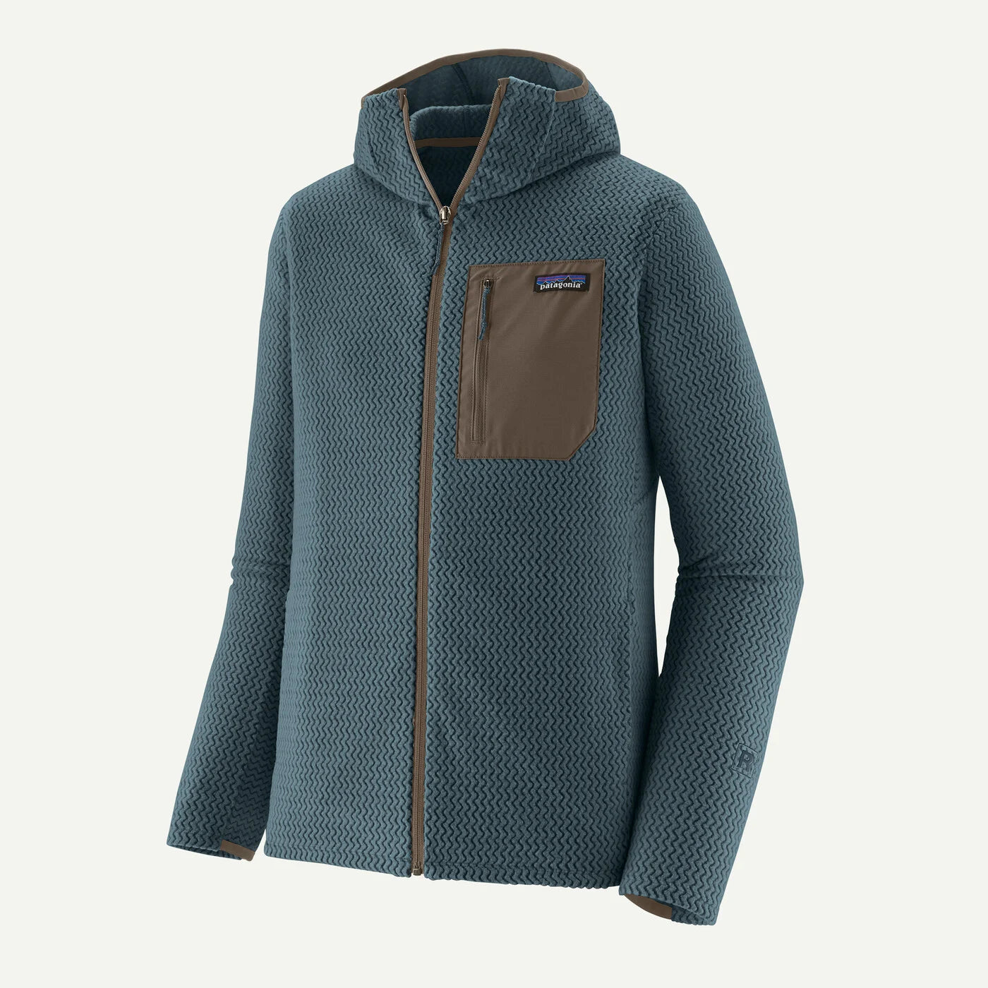 Blue hooded jacket with brown accents on a white background