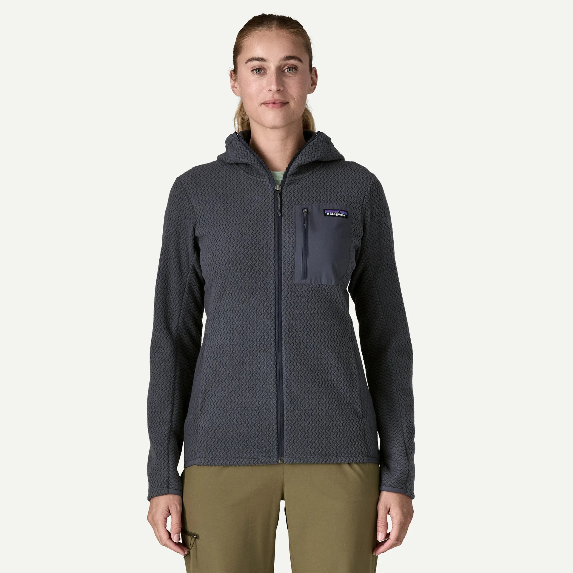 Patagonia R1® Air Fleece Full-Zip Hoody Women's in smolder blue, on model, front