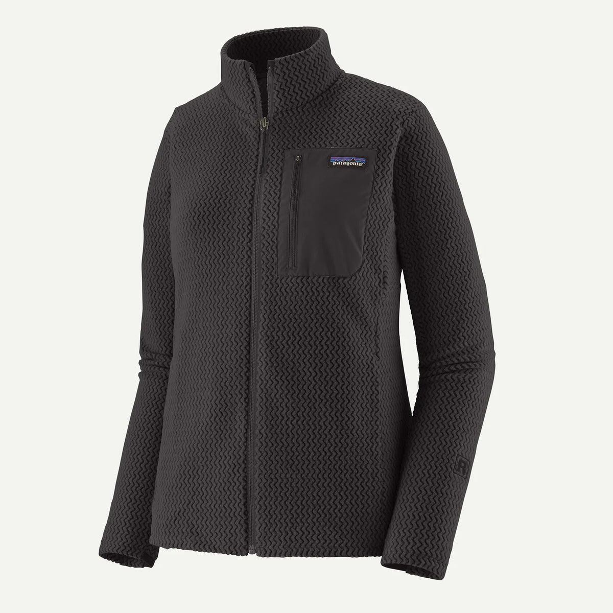 A dark gray textured fleece jacket with a stand-up collar, full zip front, and a zippered chest pocket featuring a Patagonia logo, shown against a light off-white background.