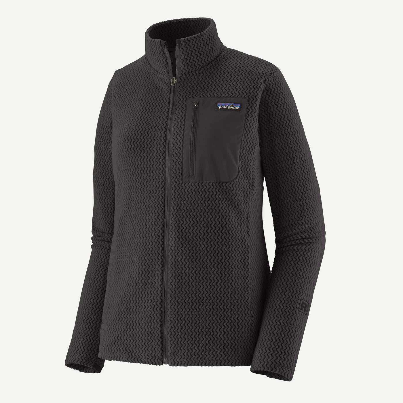 A dark gray textured fleece jacket with a stand-up collar, full zip front, and a zippered chest pocket featuring a Patagonia logo, shown against a light off-white background.