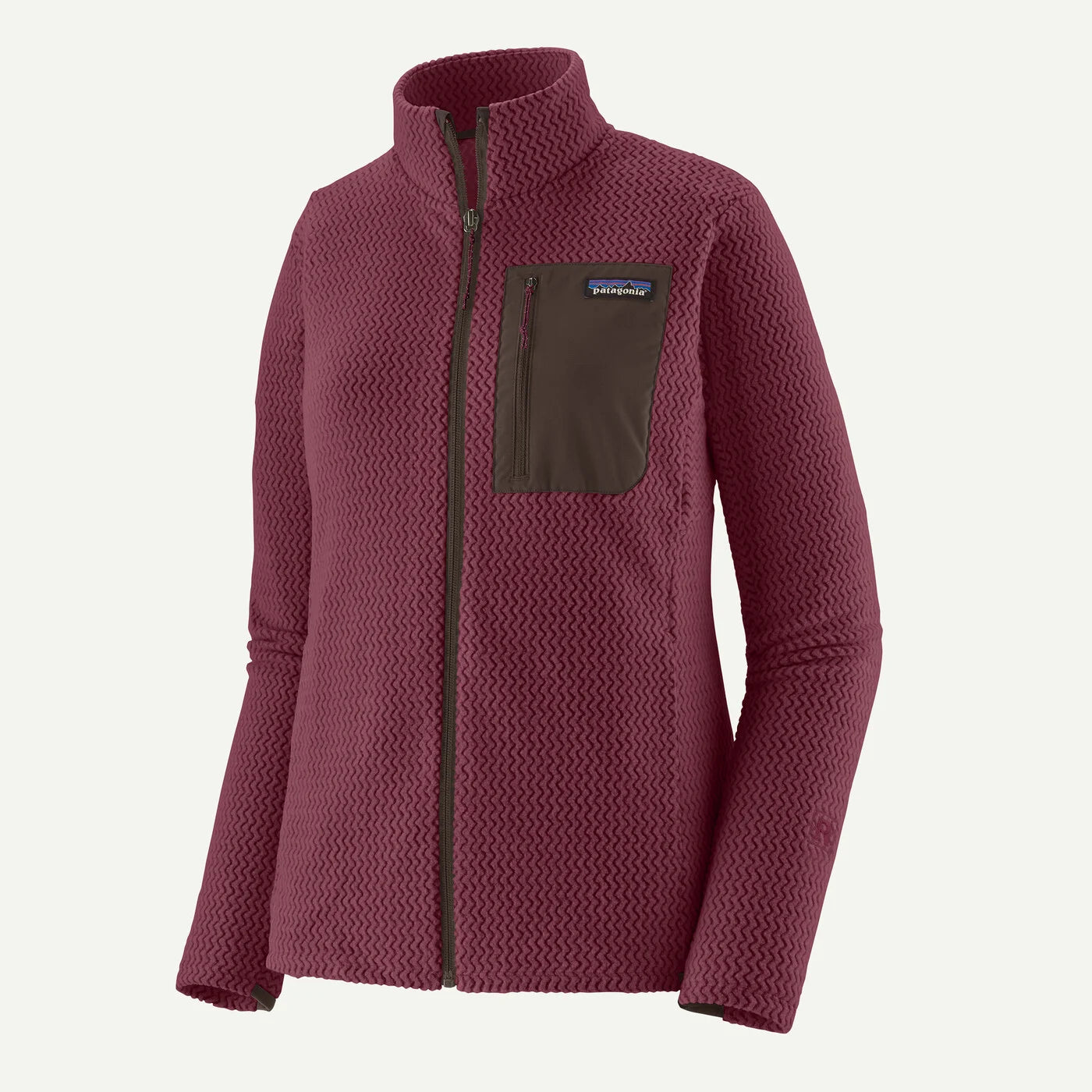 A women's Patagonia full-zip fleece jacket in a textured burgundy color, featuring a dark brown chest pocket with the Patagonia logo, set against a plain off-white background.