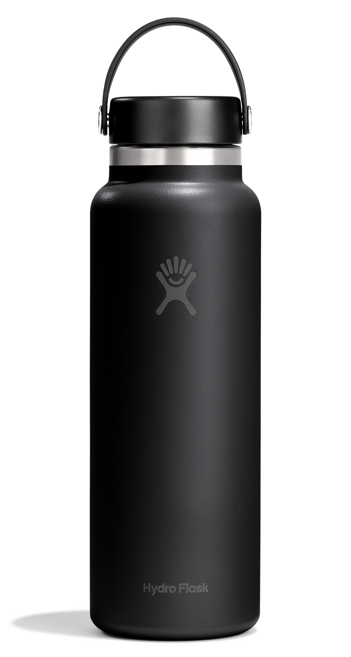 A matte black Hydro Flask water bottle with a matching black lid and carrying loop, shown on a clean white background.