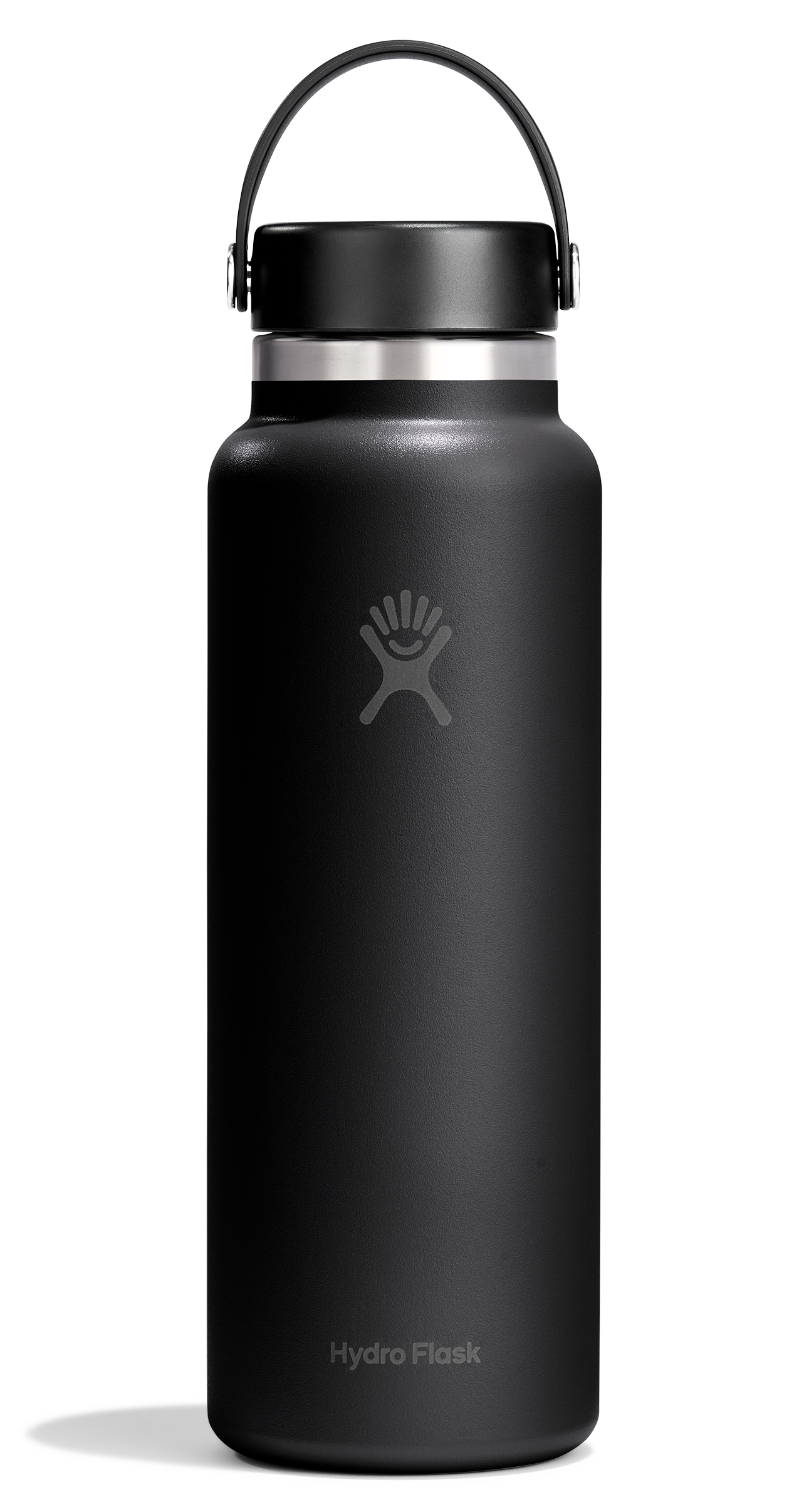 A matte black Hydro Flask water bottle with a matching black lid and carrying loop, shown on a clean white background.