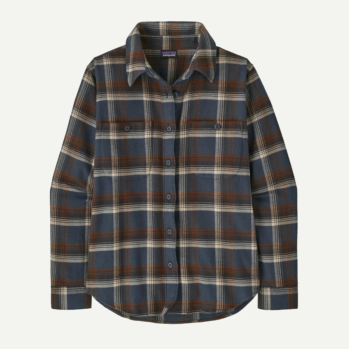 A Patagonia long-sleeve button-up flannel shirt in a blue, brown, and beige plaid pattern, displayed flat against a light off-white background.