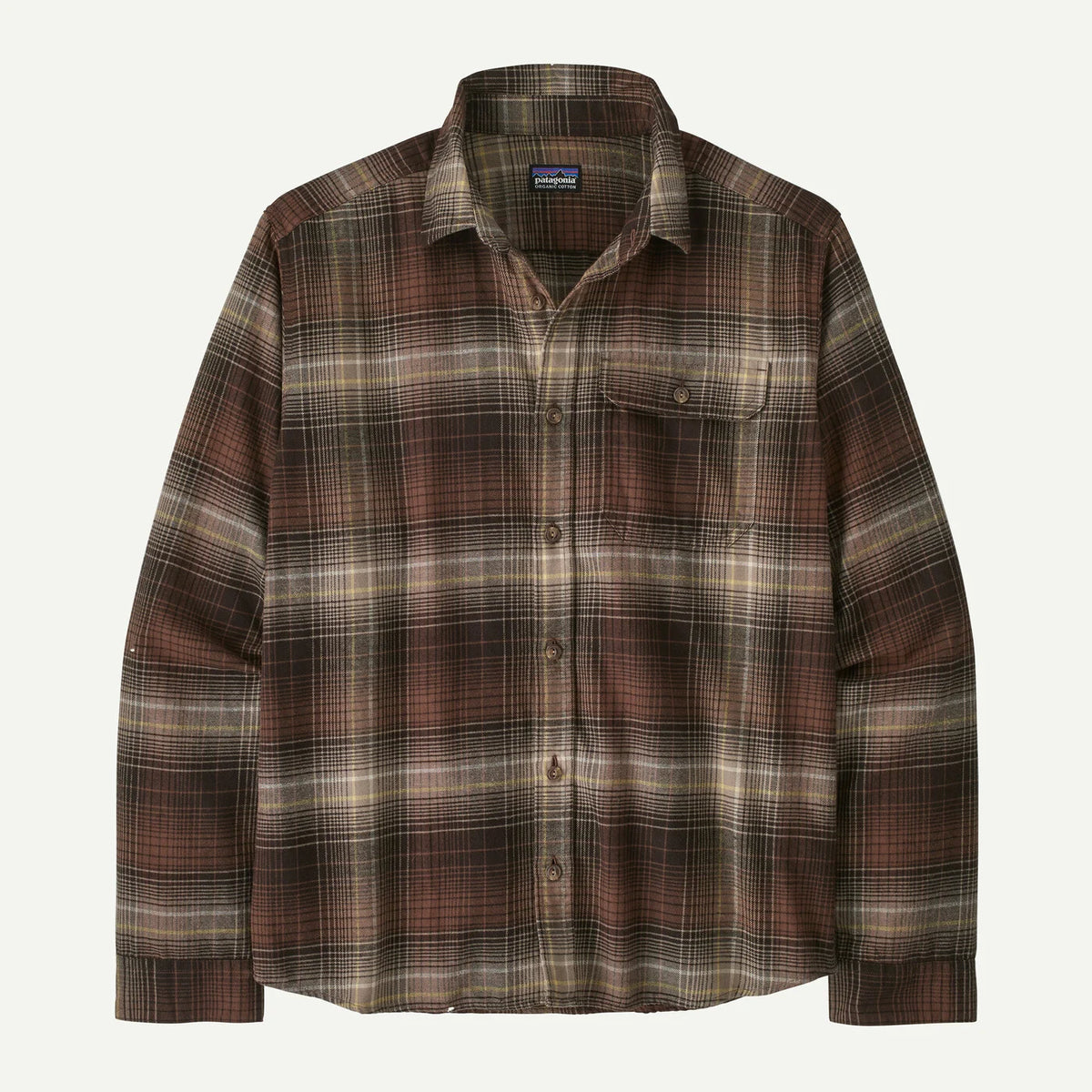 A Patagonia long-sleeve button-up flannel shirt in a brown, beige, and black plaid pattern, shown flat against a light off-white background.