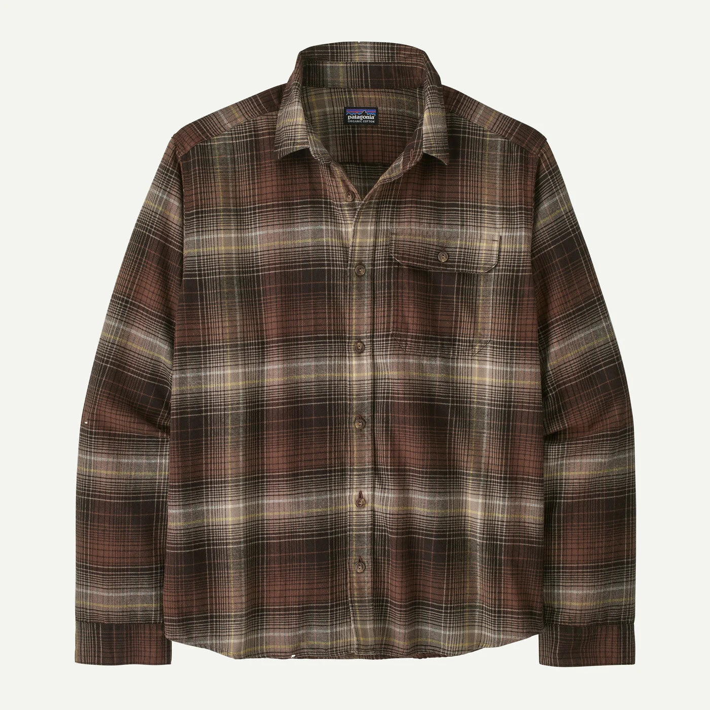 A Patagonia long-sleeve button-up flannel shirt in a brown, beige, and black plaid pattern, shown flat against a light off-white background.