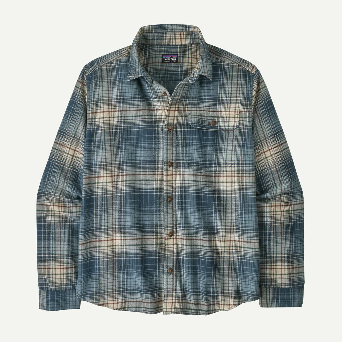 A Patagonia long-sleeve button-up flannel shirt in a blue, beige, and brown plaid pattern, shown against a plain white background.