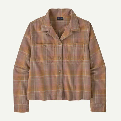 A Patagonia cropped button-up flannel shirt in a muted brown and orange plaid pattern, shown against a plain light gray background.