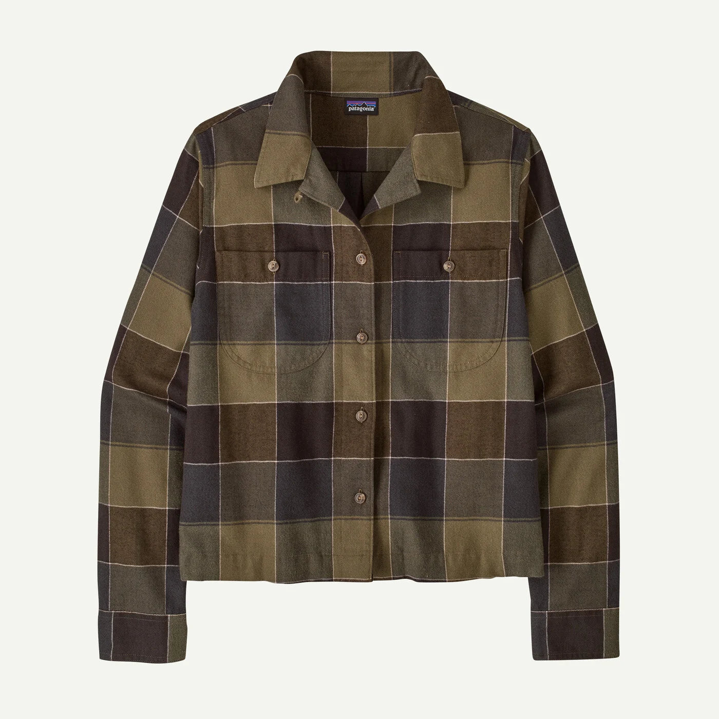 A Patagonia cropped plaid flannel shirt jacket in earthy brown, olive green, and dark gray tones, shown against a plain white background.