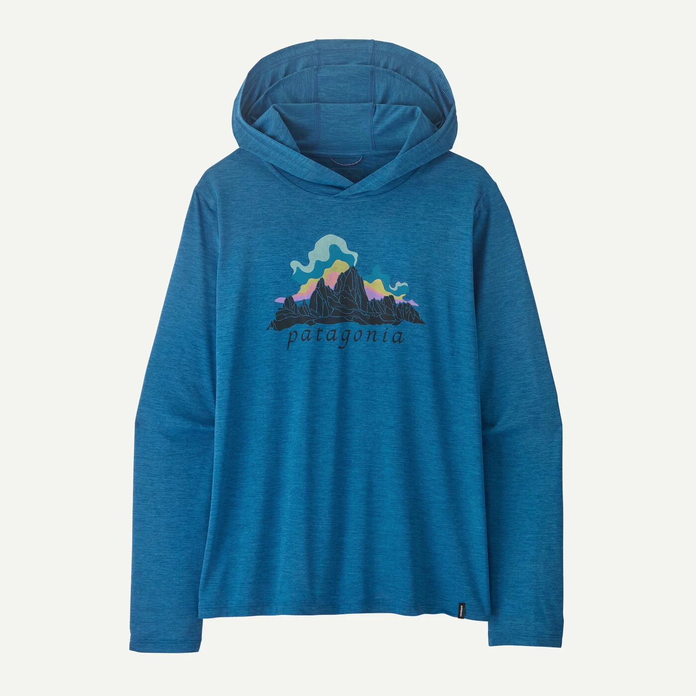 Blue hoodie with mountain graphic and Patagonia logo on a white background