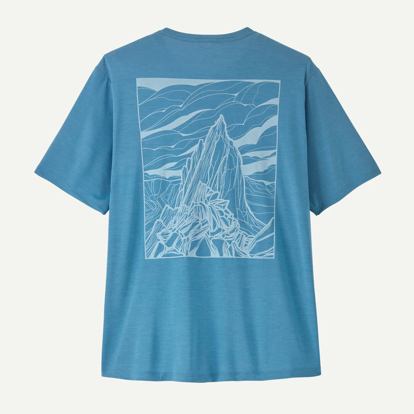 Blue t-shirt with a mountain graphic on the back against a white background