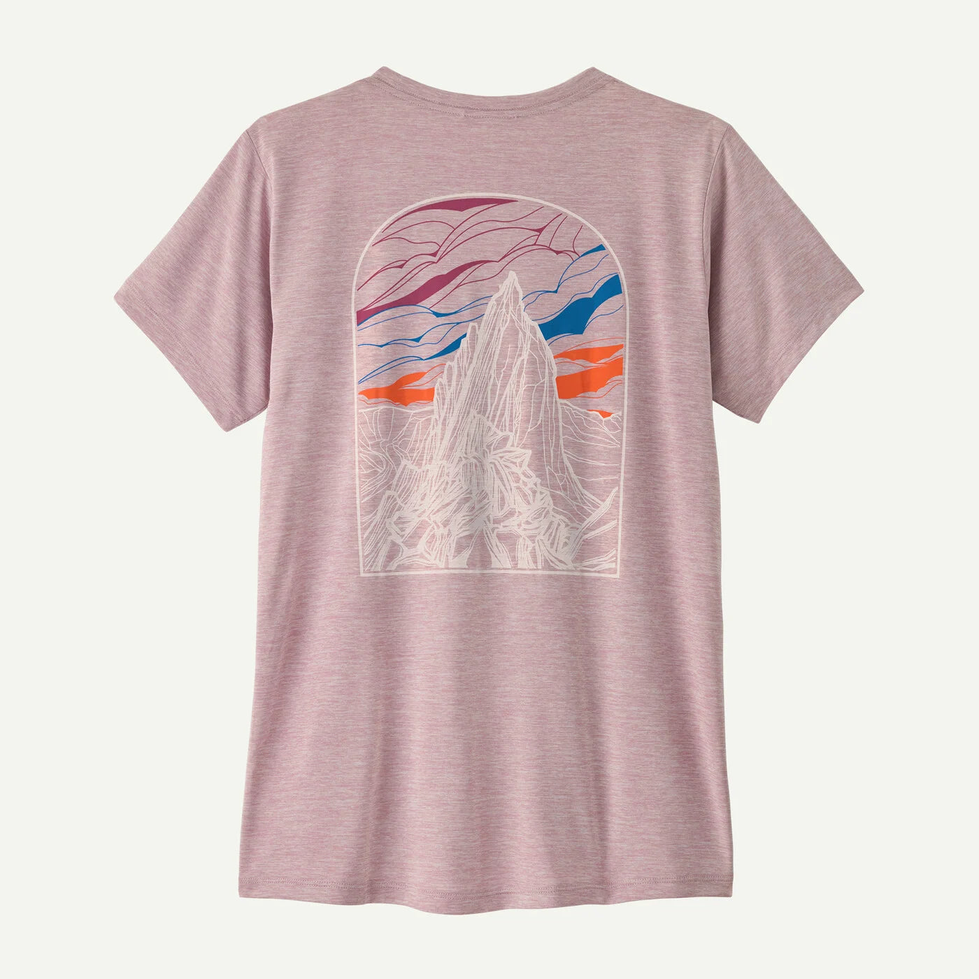 Pink t-shirt with a mountain graphic on the back against a white background