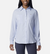 a model wearing the columbia silver ridge utility long sleeve shirt womens in the color whisper, front view