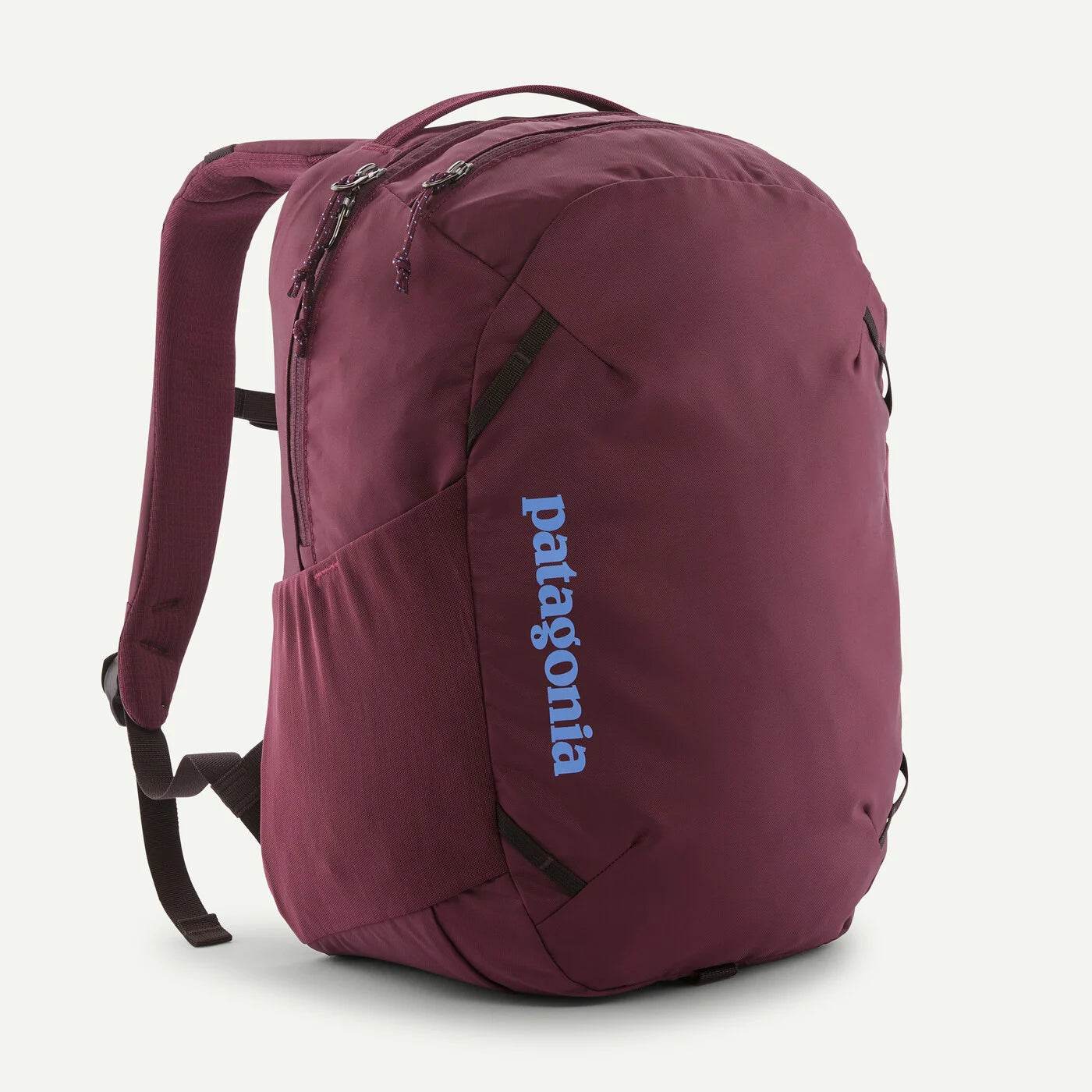 Maroon backpack with light blue Patagonia logo on a white background