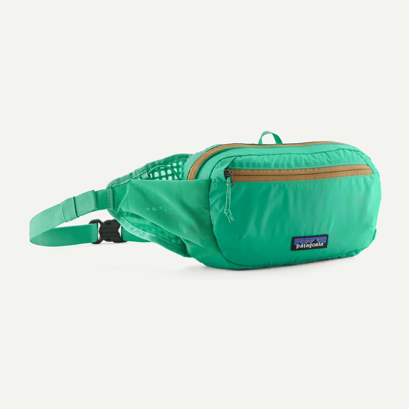 Green waist bag with brown zippers and Patagonia logo on a white background