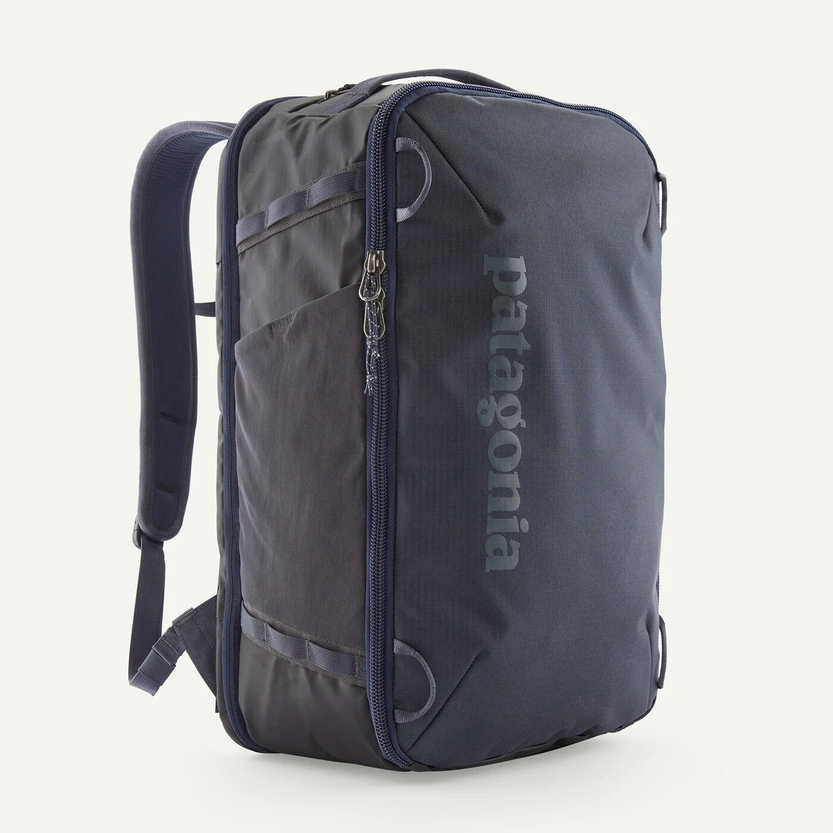 Navy-Gray backpack with Patagonia branding on a white background