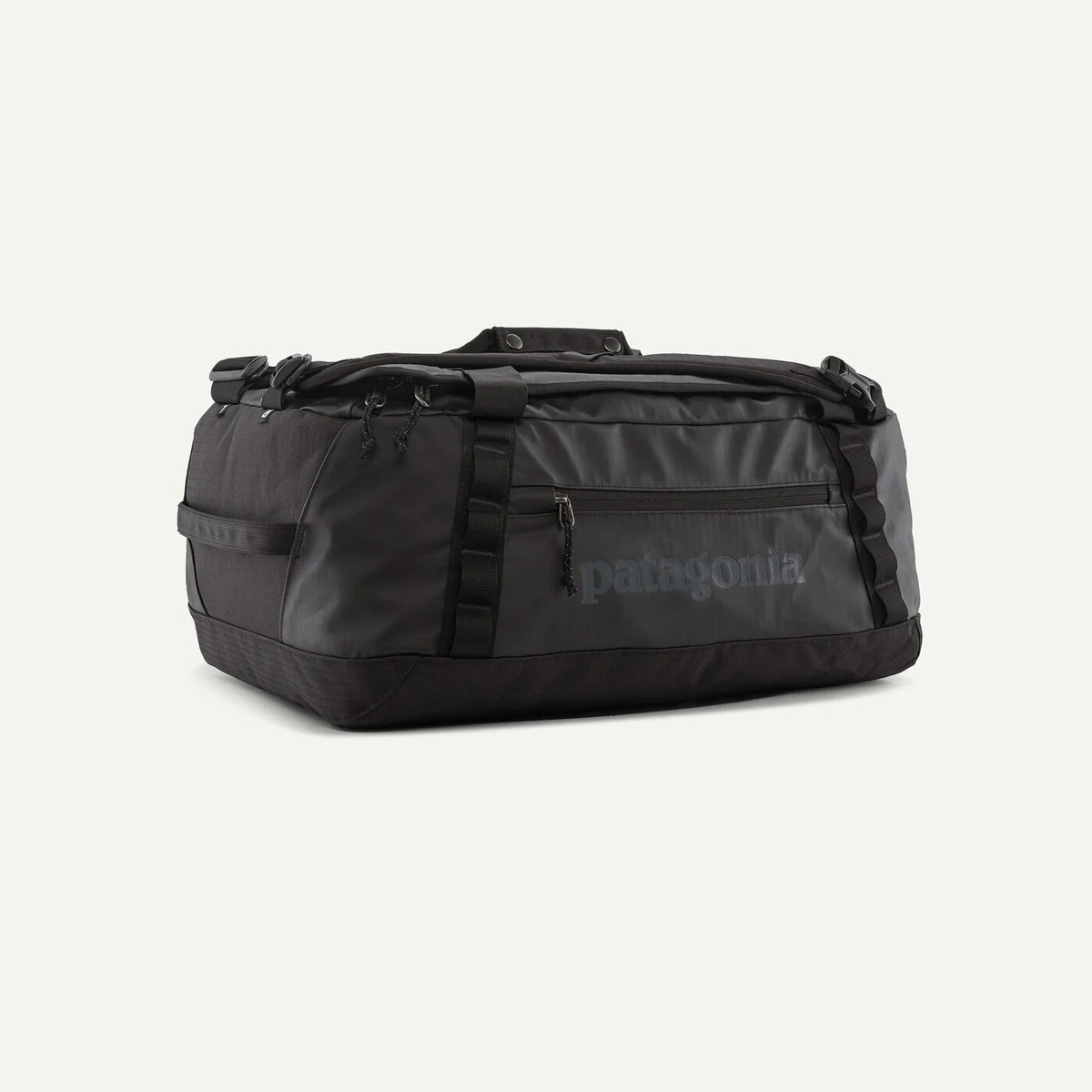 Black duffel bag with Patagonia logo on a white background