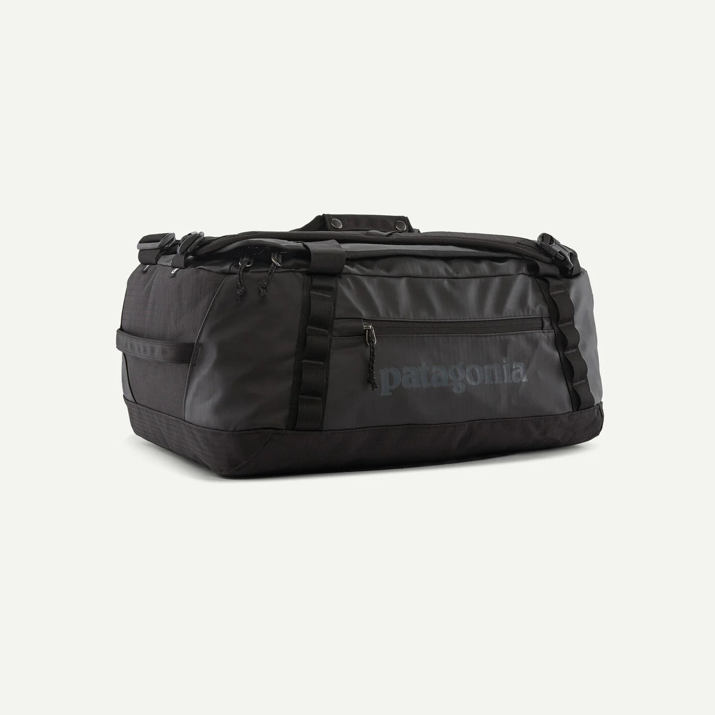 Black duffel bag with Patagonia logo on a white background