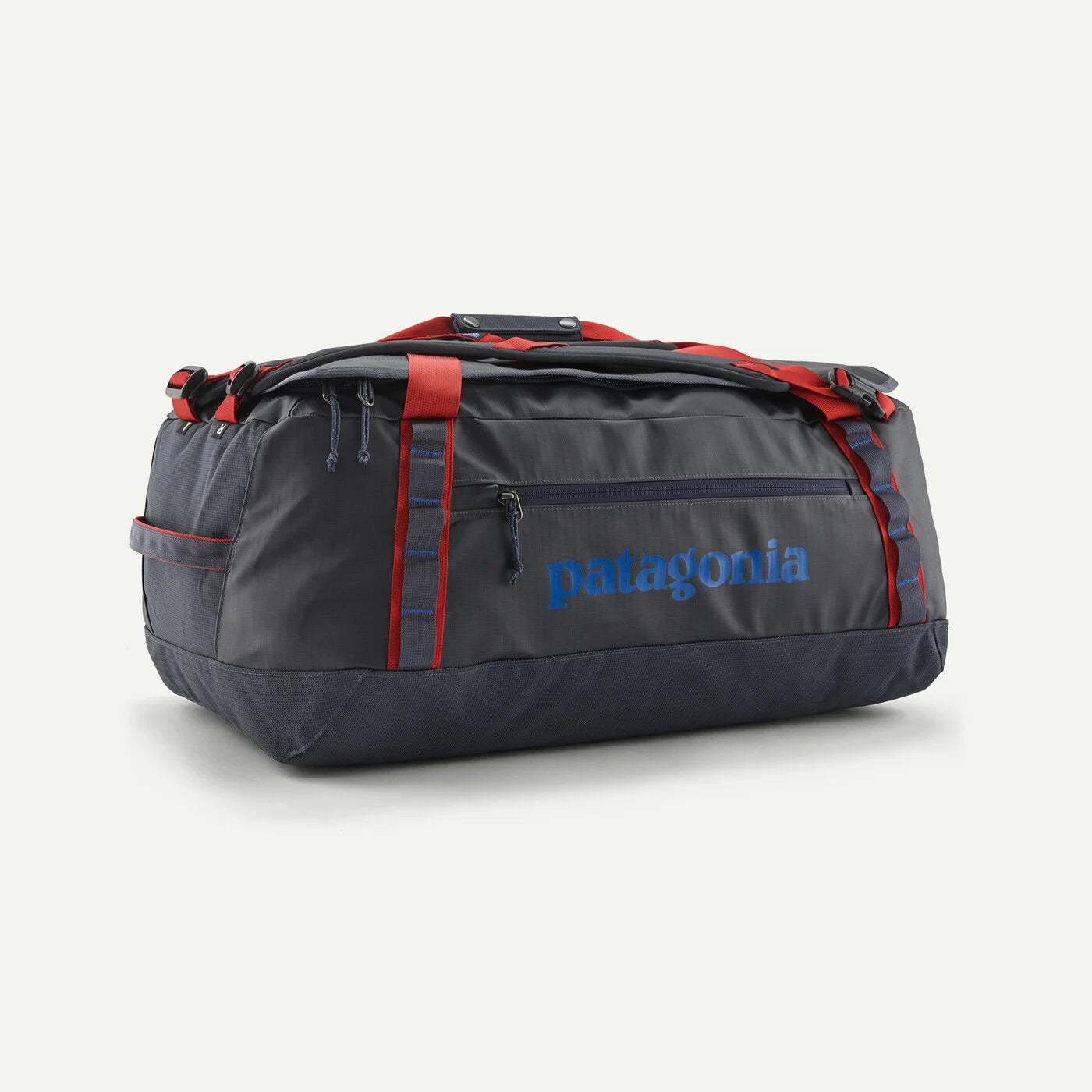 Navy-Gray duffel bag with red straps and Patagonia logo on a light gray background