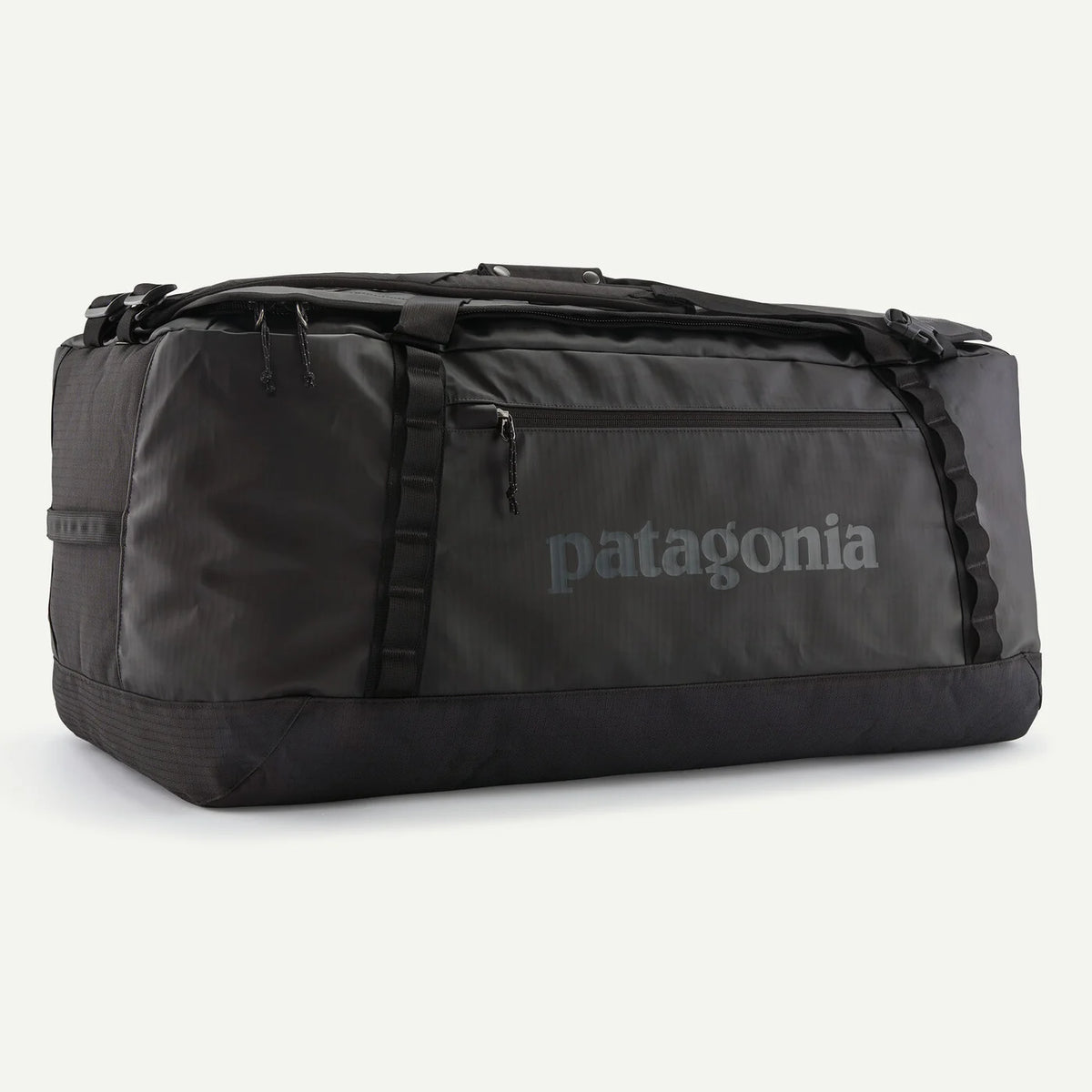 Black duffel bag with Patagonia logo on a white background