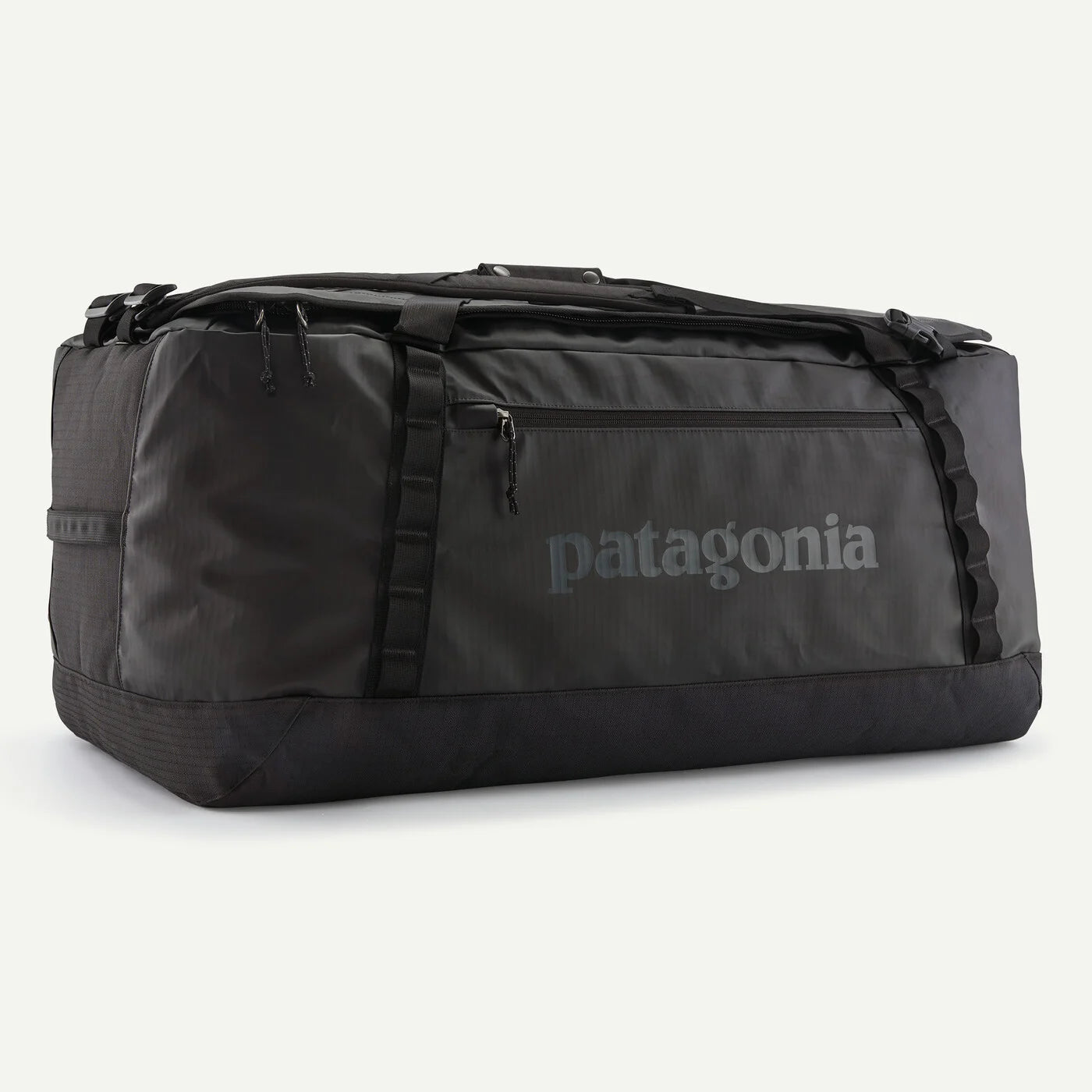 Black duffel bag with Patagonia logo on a white background