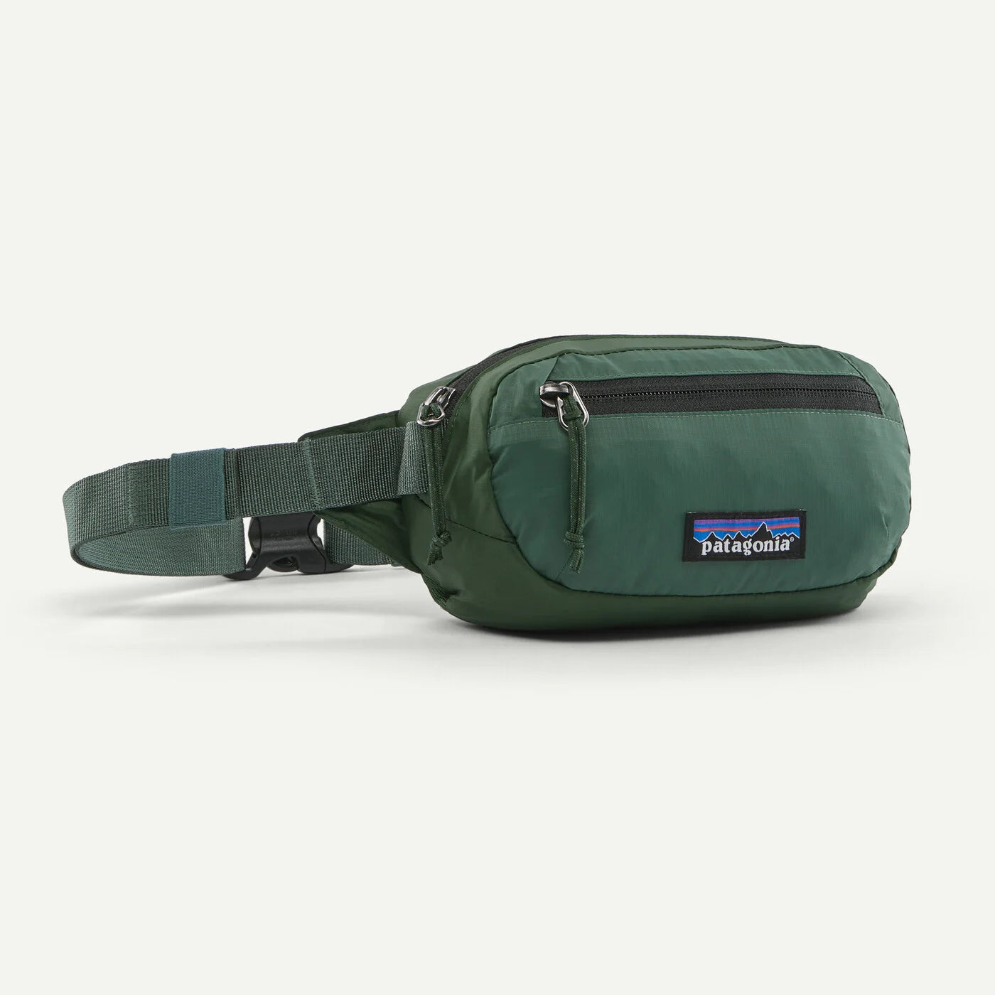 A dark green Patagonia waist bag with an adjustable webbing strap, a front zippered pocket, and the signature Patagonia logo patch on the front, set against a plain off-white background.