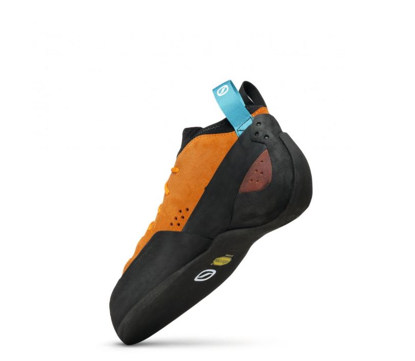 a photo of the scarpa generator mid climbing shoe in the color orange rust, view from back left
