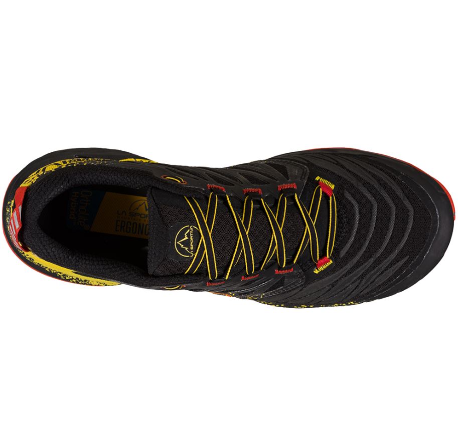 the la sportiva akasha 2 in black and yellow, top view