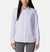 a model wearing the columbia silver ridge utility long sleeve shirt womens in the color purple tint, front view