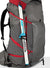 a photo of the osprey eja pro 55 backpack in the color dale grey poinsettia red, detail view of the ice axe attachement