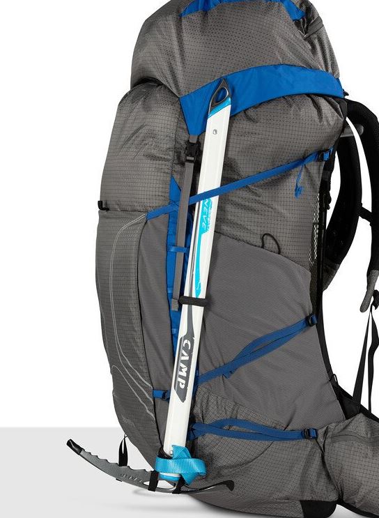 a photo of the osprey exos pro 55 backpack in the color dale grey agam blue, view of the ice ax attachement system