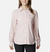 a model wearing the columbia silver ridge utility long sleeve shirt womens in the color dusty pink, front view