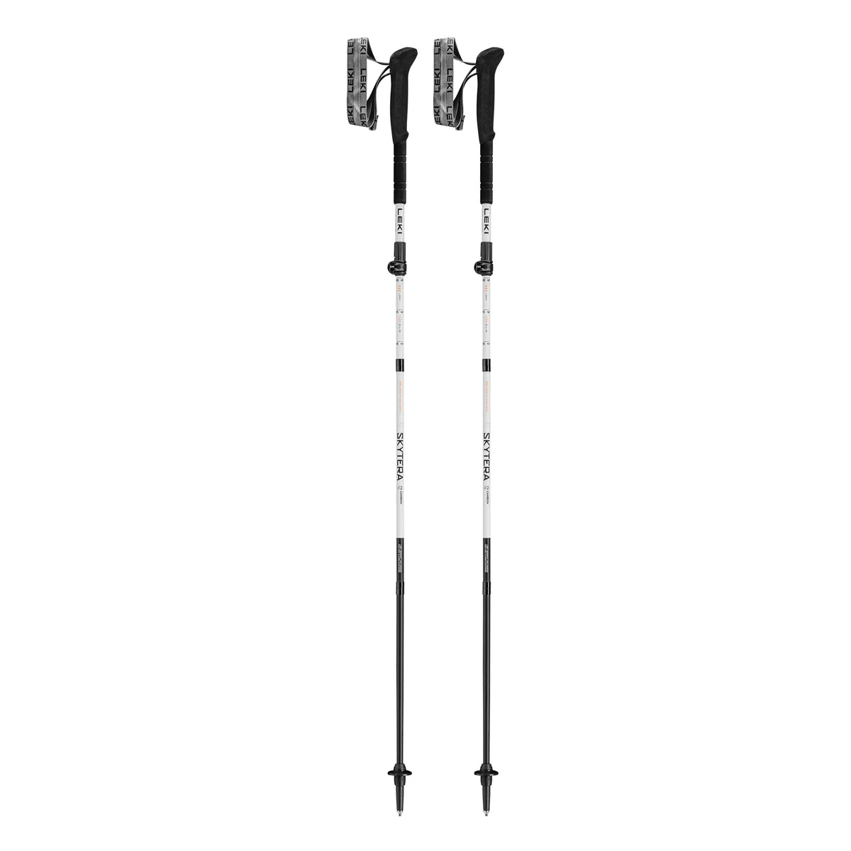 Two hiking poles with white shafts, black handles, and black tips, shown upright against a plain white background.