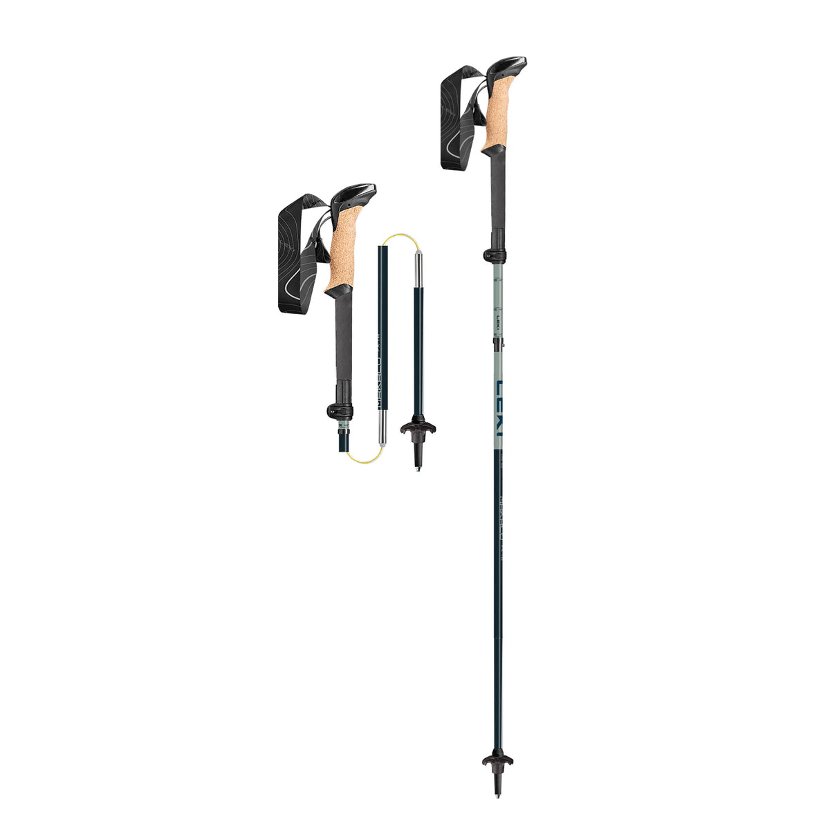 Pair of hiking poles with foldable components on a white background