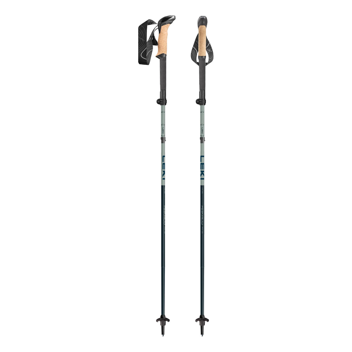 Two hiking poles with black and sage colored design on a white background