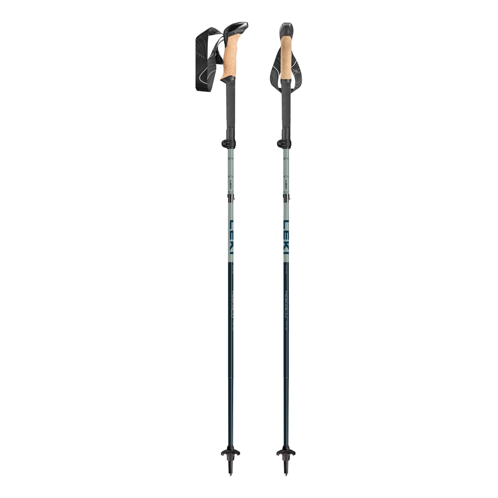 Two hiking poles with black and sage colored design on a white background
