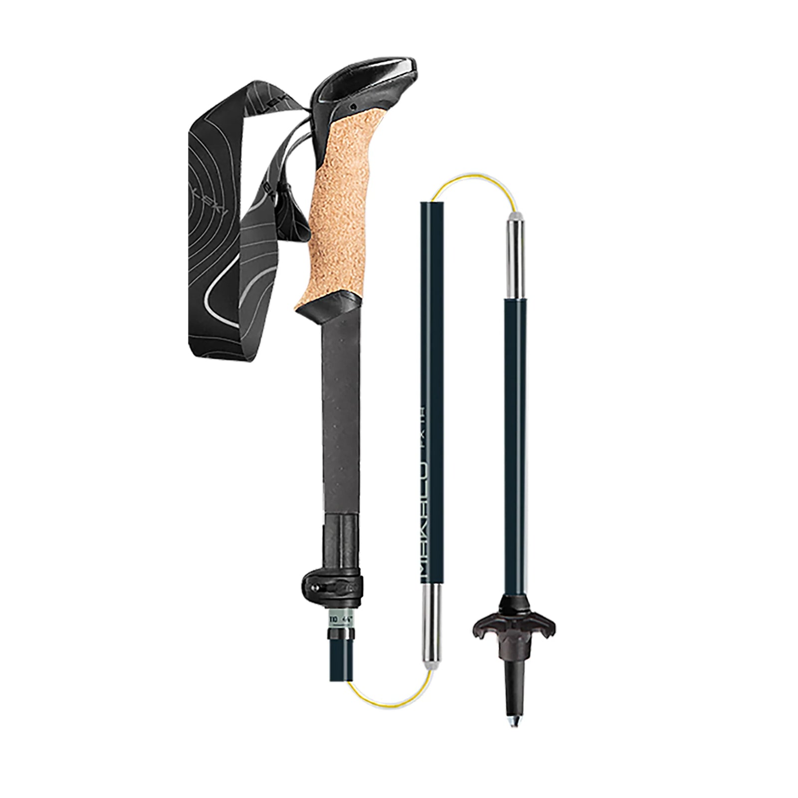 A folded hiking pole with cork handle and black shafts on a white background