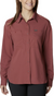 a model wearing the columbia silver ridge utility long sleeve shirt womens in the color beetroot, front view