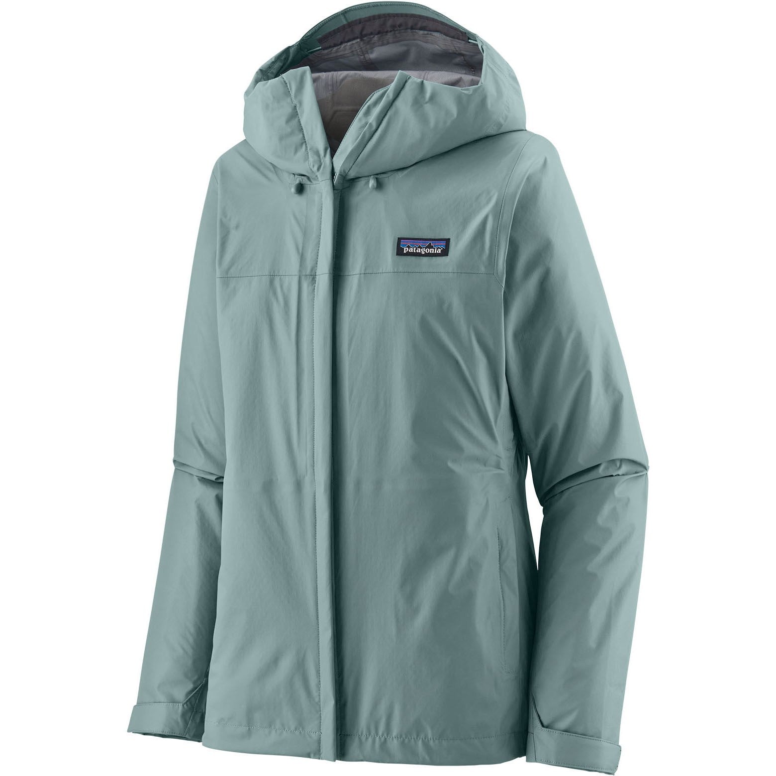 Blue raincoat with a brand logo on a white background