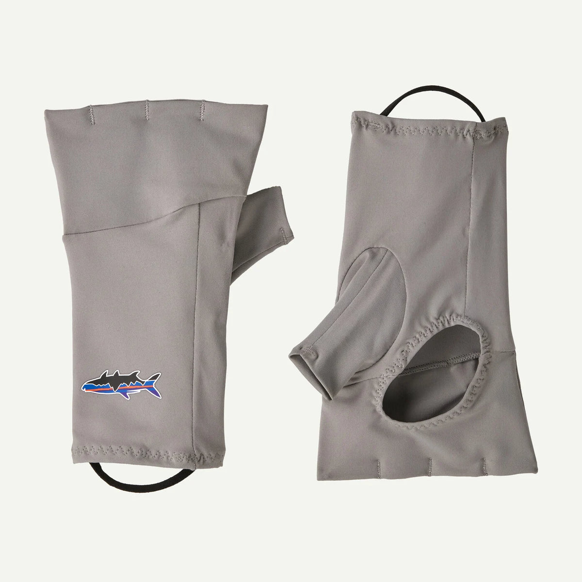 Gray fishing glove with a logo on a white background