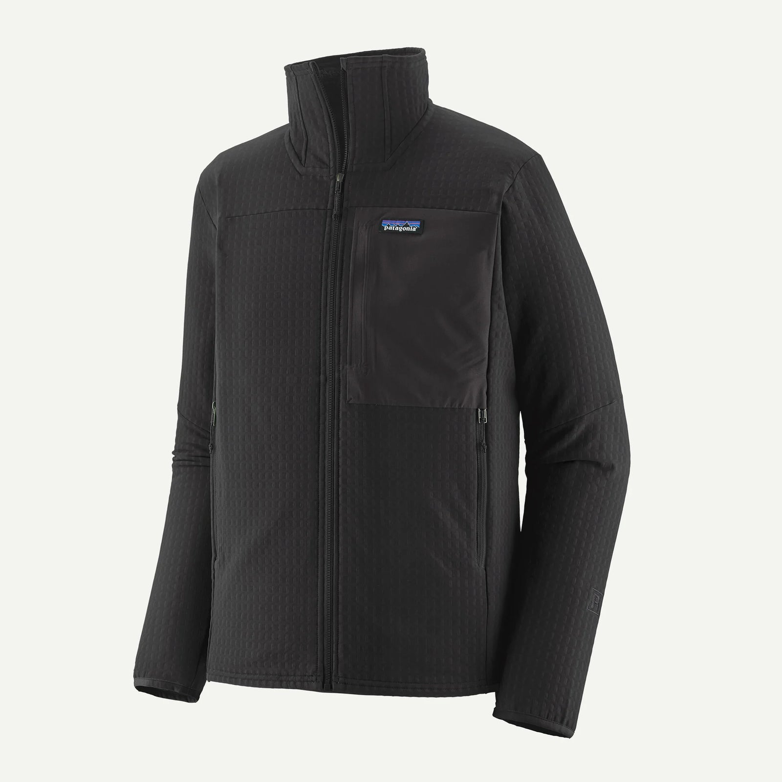 Black jacket with a visible brand logo on a white background