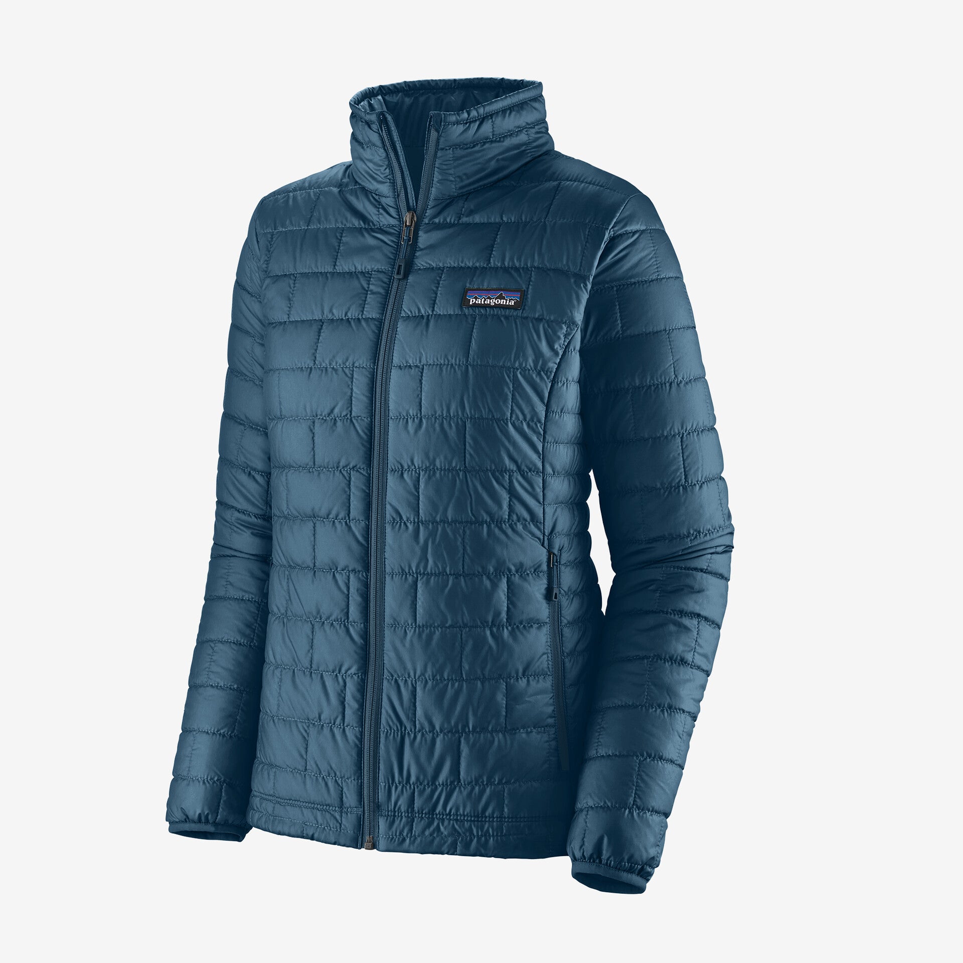 the patagonia womens nano puff jacket in the color lagom blue, front view