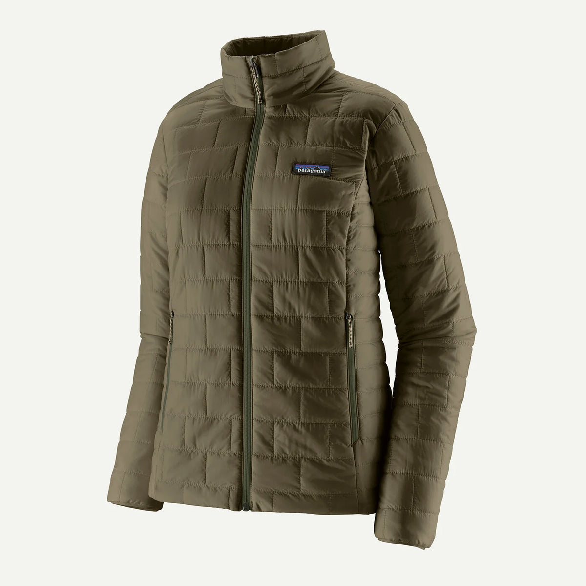 Dark green quilted jacket with a Patagonia logo on a white background