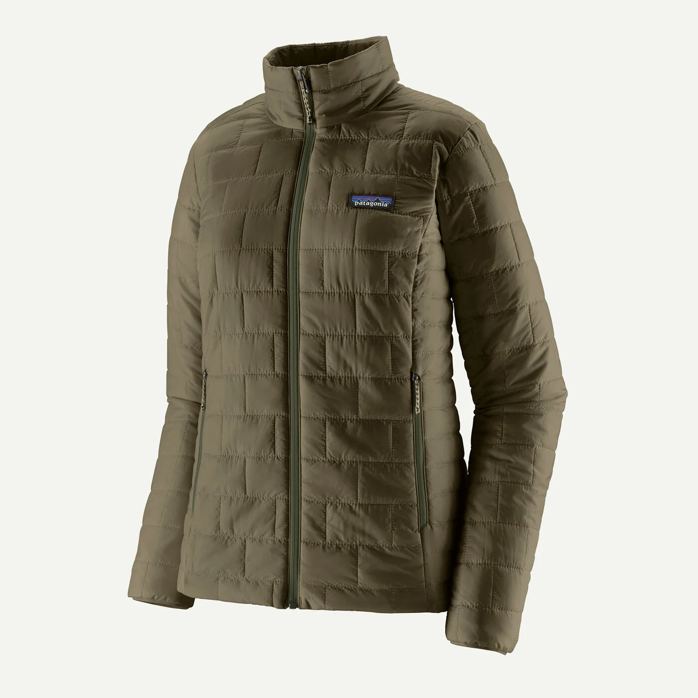 Dark green quilted jacket with a Patagonia logo on a white background