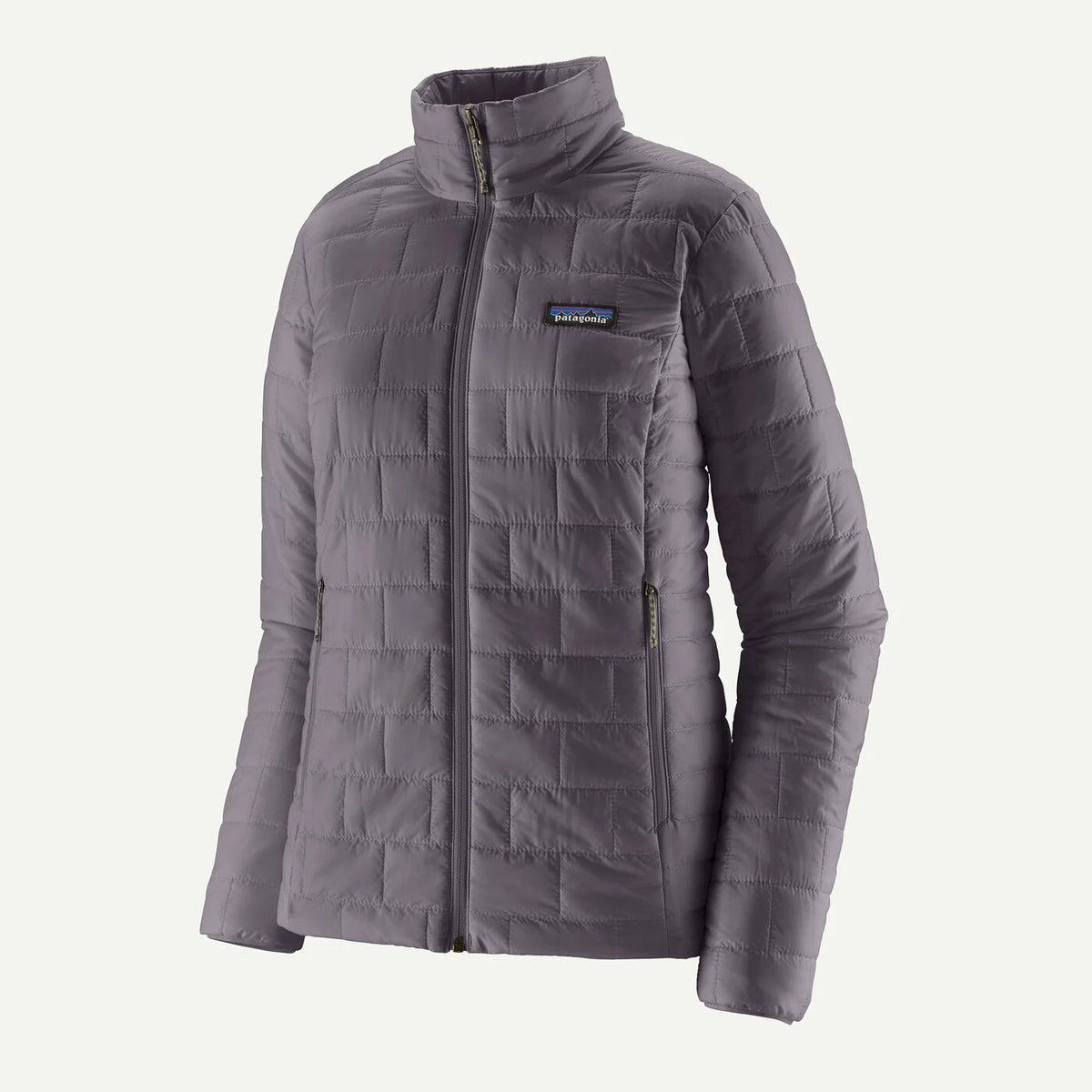 Dark gray quilted jacket with a Patagonia logo on a white background